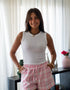 Women Summer Pajama set Off White Top + Pink X White Plaid With Light Blue Line Shorts